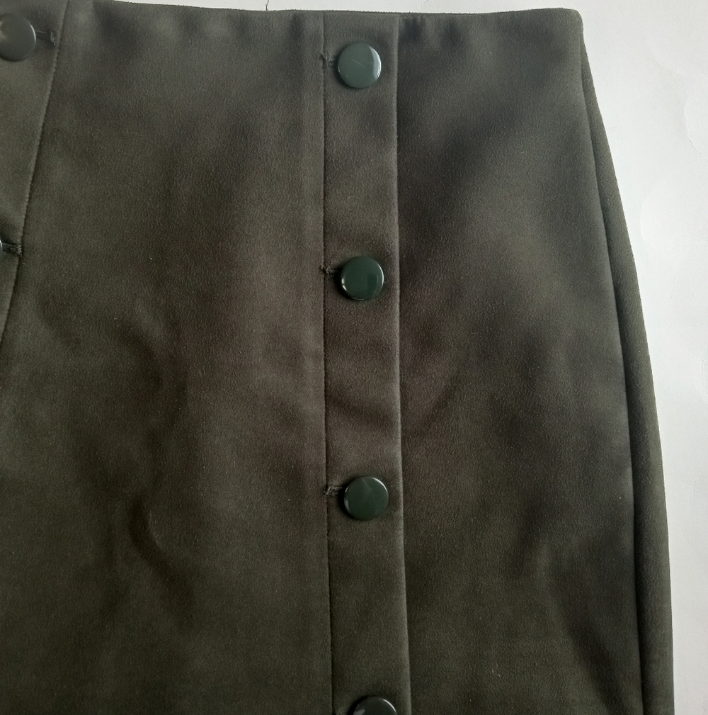 Loft Ann Taylor Suede Dark Olive Green Front Button A-line Mini Skirt - Picture 8 of 9